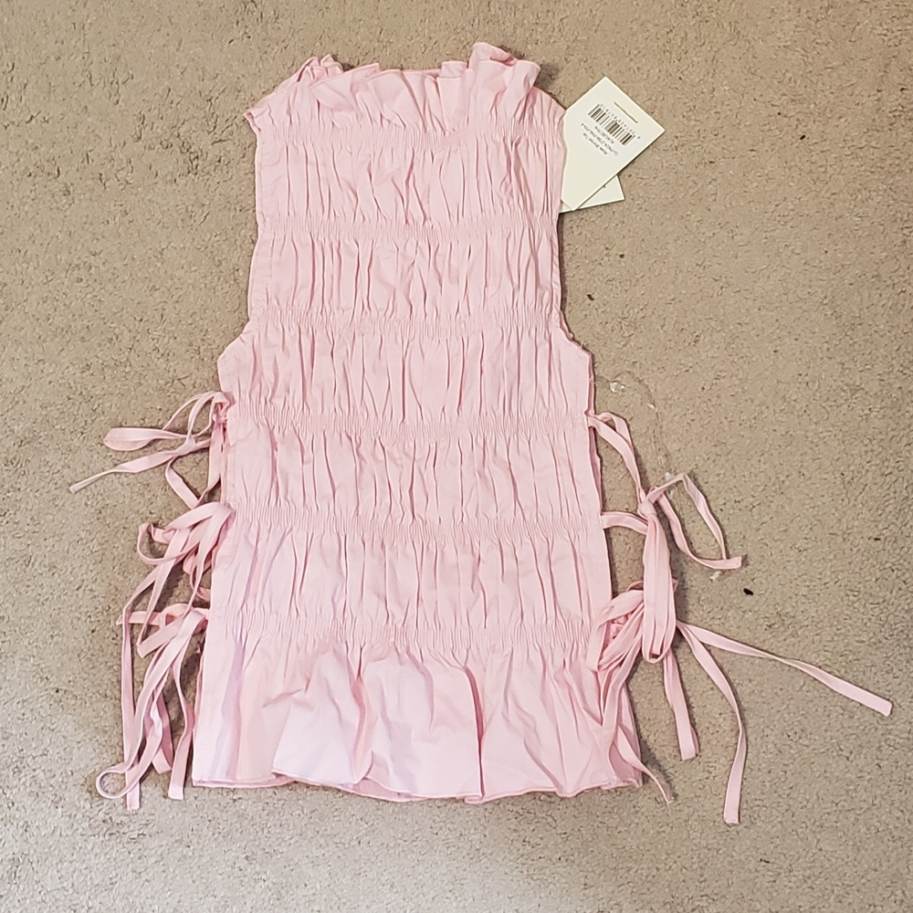 Peppermayo Light Pink Smocked Tie-Side Ruffle Top